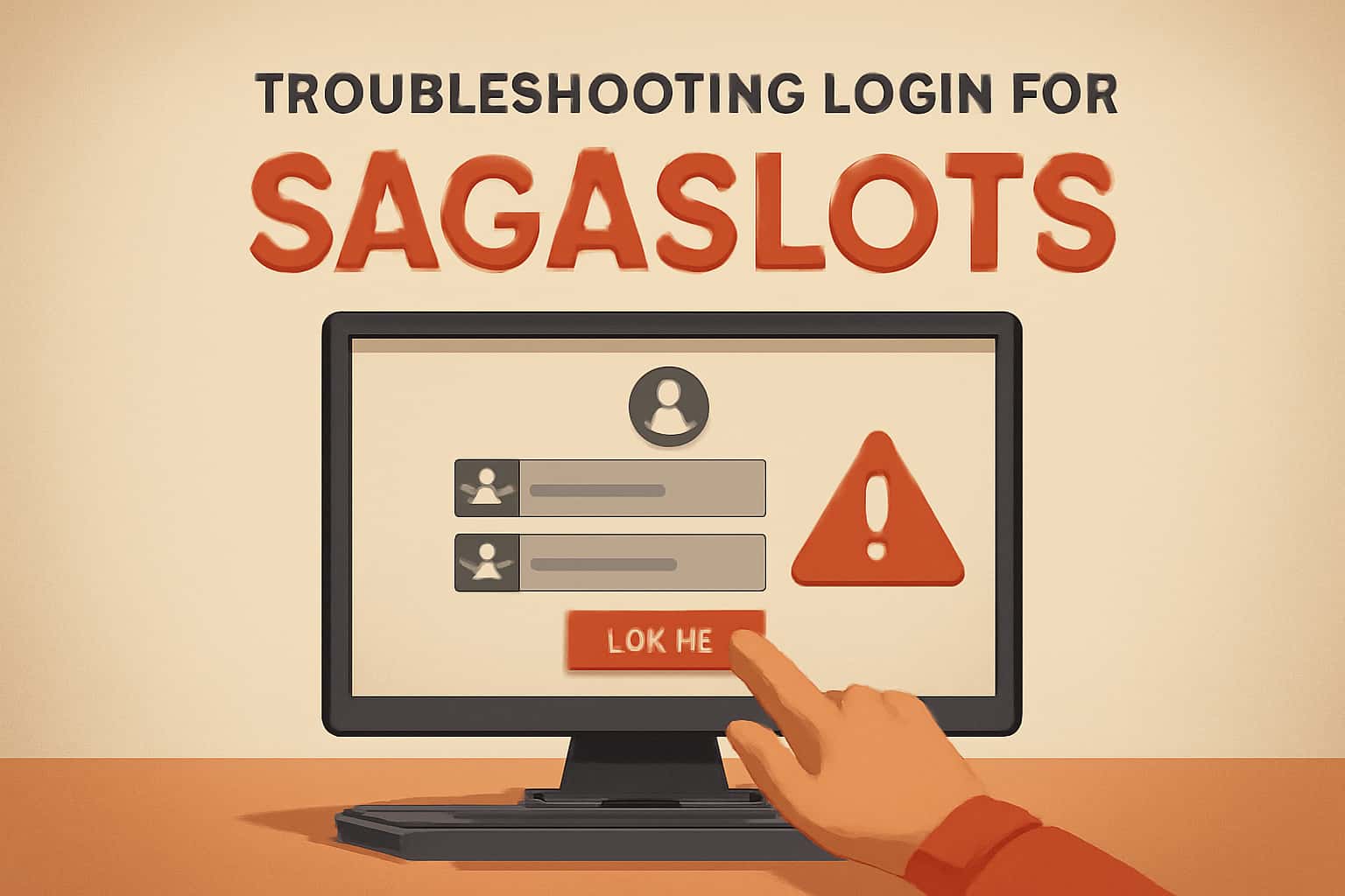 A professional scene displaying the Sagaslots logo with tips for troubleshooting login issues.